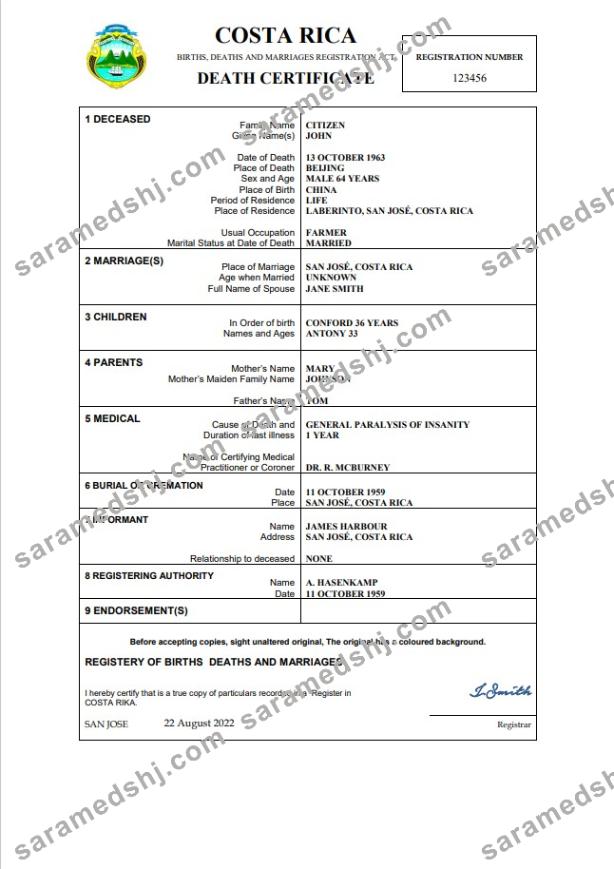 Costa Rica vital record death certificate Word and PDF template